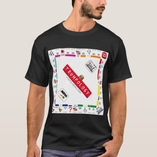 Monopoly Game Board T-shirt. A Monopoly Parody titled "Trumpology." Avenue names are officials, U'S Senators, U.S. House of Representatives, lawyers, and advisers joined and tried to help U.S. President Donald Trump  create the coup d'état.. Monopoly T-shirt Men's Black/.