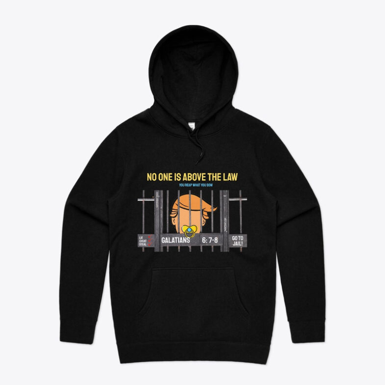 Trump Hoodies. Former  U.S. President Donald Trump's Face behind bars. with text "No One is Above the Law."  Black Pullover hoodies.