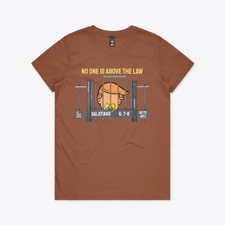 Trump T-shirts. Former  U.S. President Donald Trump's Face behind bars. with text "No One is Above the Law."  Light Brown Women's T-shirt. 