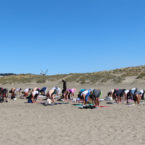 Yoga students outdoor yoga on Ocean Beach SF