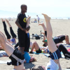 Yoga teacher teaches free yoga class