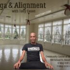 Mendocino, CA. Yoga Teacher, Tony Eason sitting in Mendocino Community Center.
