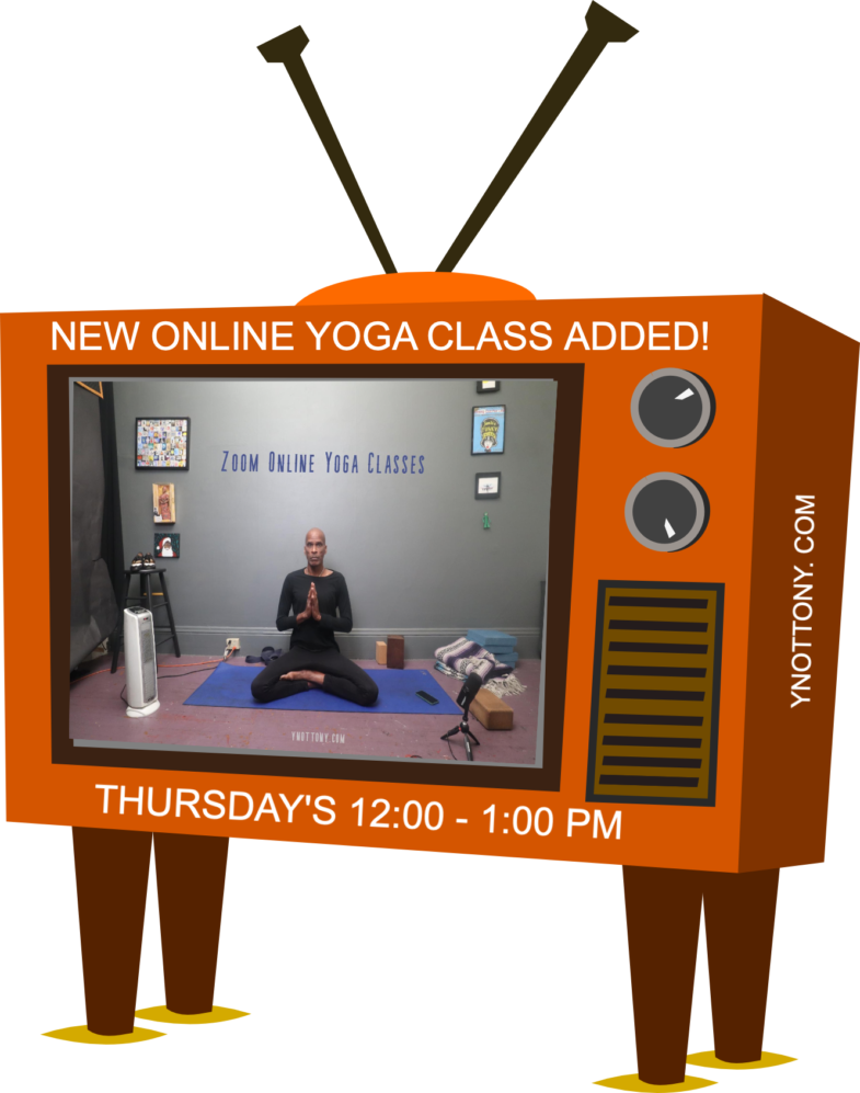Online Yoga Class Flyer for Thursday 12:00 noon yoga classes. Tv set with yoga teacher, Tony Eason in the tv screen.