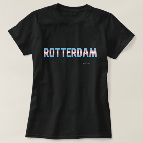Rotterdam Transgender Pride T shirt. Black T shirt with city name printed in the Transgender Flag Colors.