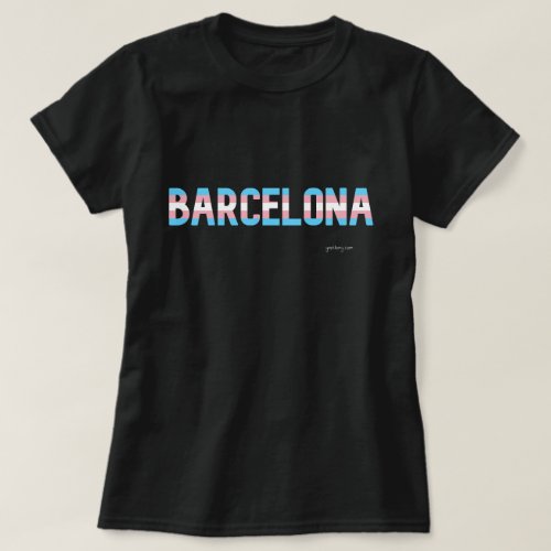 Barcelona Transgender Pride T shirt. Black T shirt with city name printed in the Transgender Flag Colors.