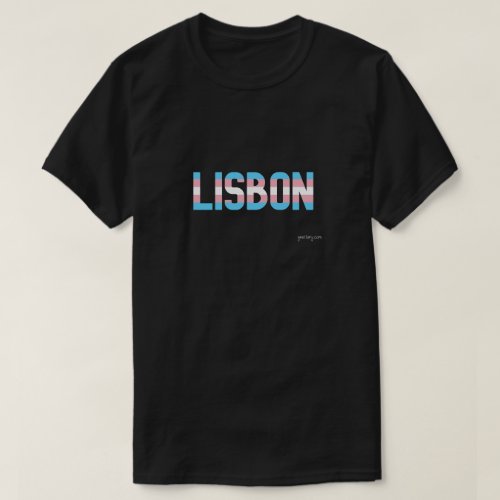 Lisbon Transgender Pride T shirt. Black T shirt with city name printed in the Transgender Flag Colors.
