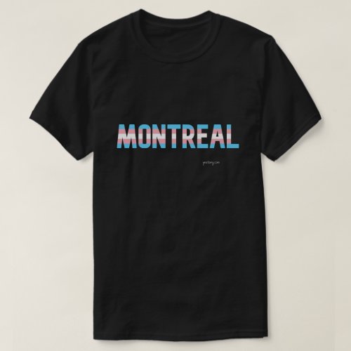 Montreal Transgender Pride T shirt. Black T shirt with city name printed in the Transgender Flag Colors.