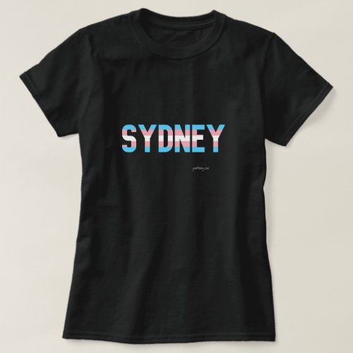 Sydney Transgender Pride T shirt. Black T shirt with city name printed in the Transgender Flag Colors.